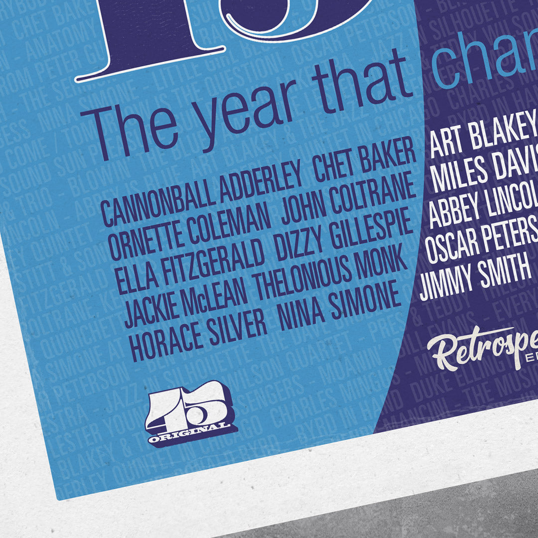 The 1959 – The Year That Changed Jazz poster by My Store is a limited edition print (only 100 made) featuring a bold letter R, jazz legends’ names, and the phrase “The year that changed jazz” on a blue and cream background—perfect for collectors.