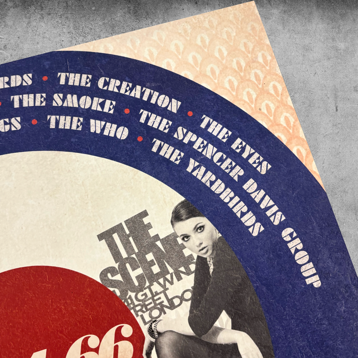 The 1964-66 – The Soho Scene Poster Print by My Store features a vintage black-and-white woman, band names like The Eyes, The Who, and The Yardbirds on a blue border—evoking the Swinging Sixties. Limited edition of just 100.