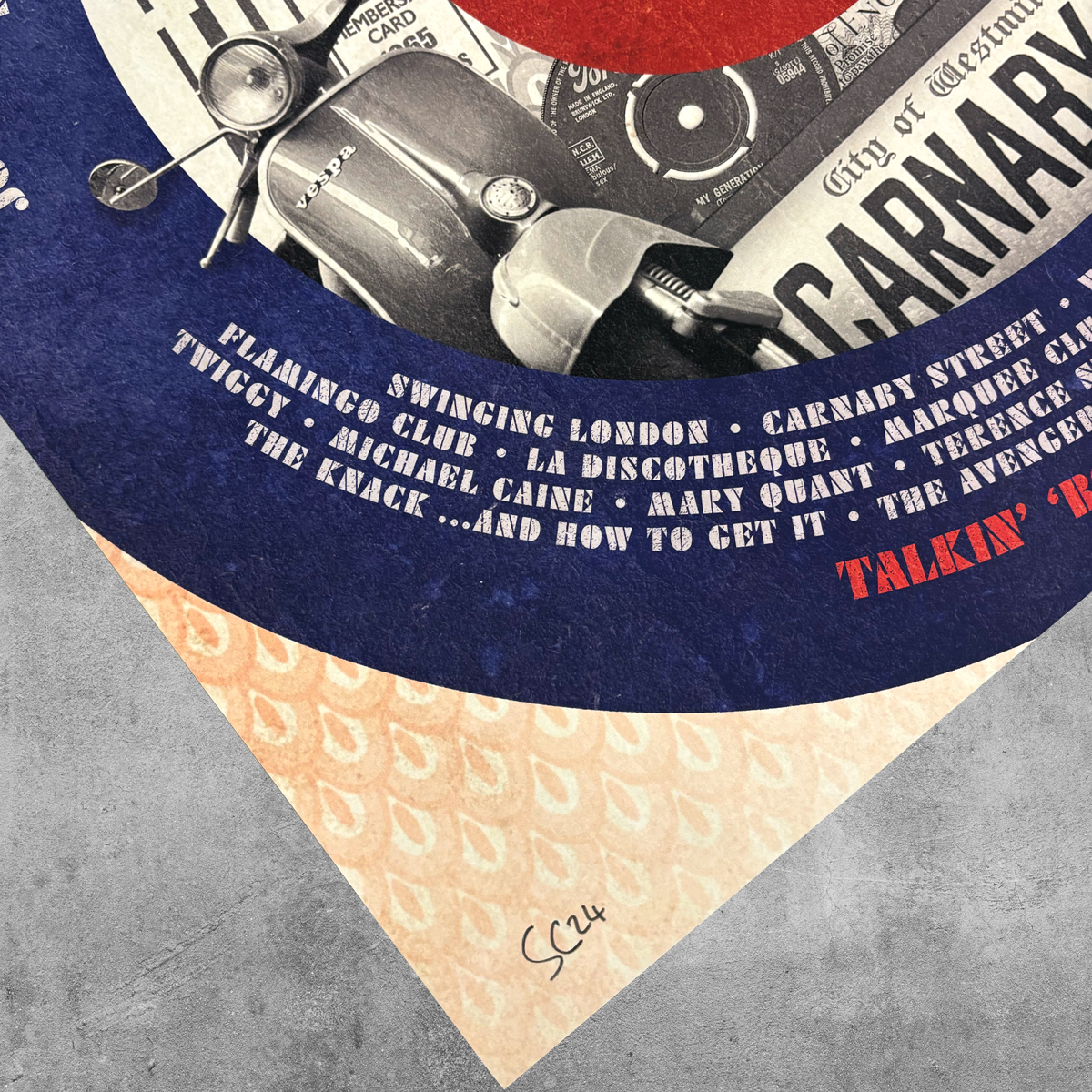 A close-up of My Store’s limited edition “1964-66 – The Soho Scene” poster print, featuring a scooter, vinyl record, and nods to 1960s London icons—perfectly capturing the vibrant spirit of the Swinging Sixties. Limited to only 100 prints.