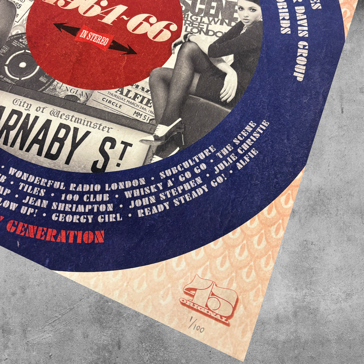 The My Store 1964-66 – The Soho Scene poster print is a colorful, vintage-style limited edition (1/100) featuring retro Soho photos, a bold circular design, and a dog logo on a concrete-textured background.