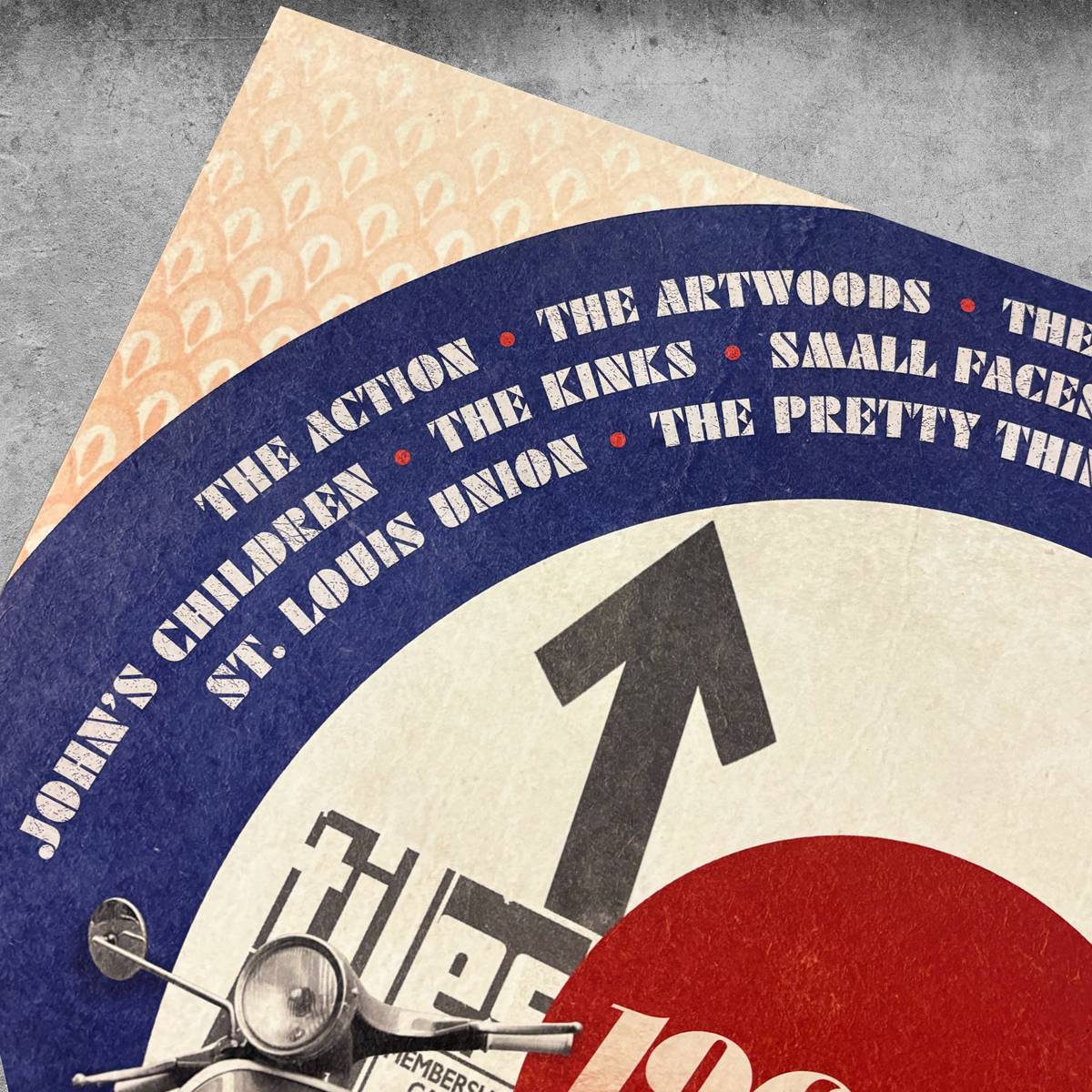 A close-up of My Store’s limited edition 1964-66 – The Soho Scene poster print, featuring band names in blue text, a bold black arrow, and a scooter on a red, white, and blue target—a tribute to the Swinging Sixties.