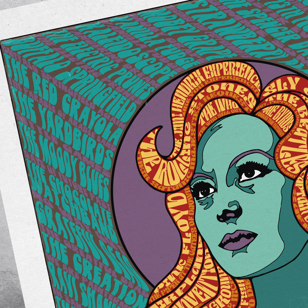 The 1967 – The Summer of Love limited edition poster print features a psychedelic woman with flowing orange hair and bold band names like The Beatles, Pink Floyd, and The Who—an homage to the iconic era. Limited to 100 copies.