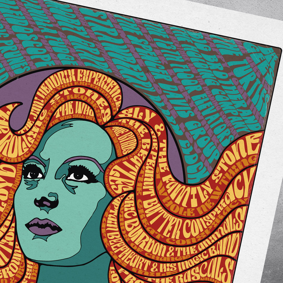 The 1967 – The Summer of Love poster print from My Store features a psychedelic illustration of a green-skinned woman with orange hair, woven with band names like The Who, in a limited edition of only 100.