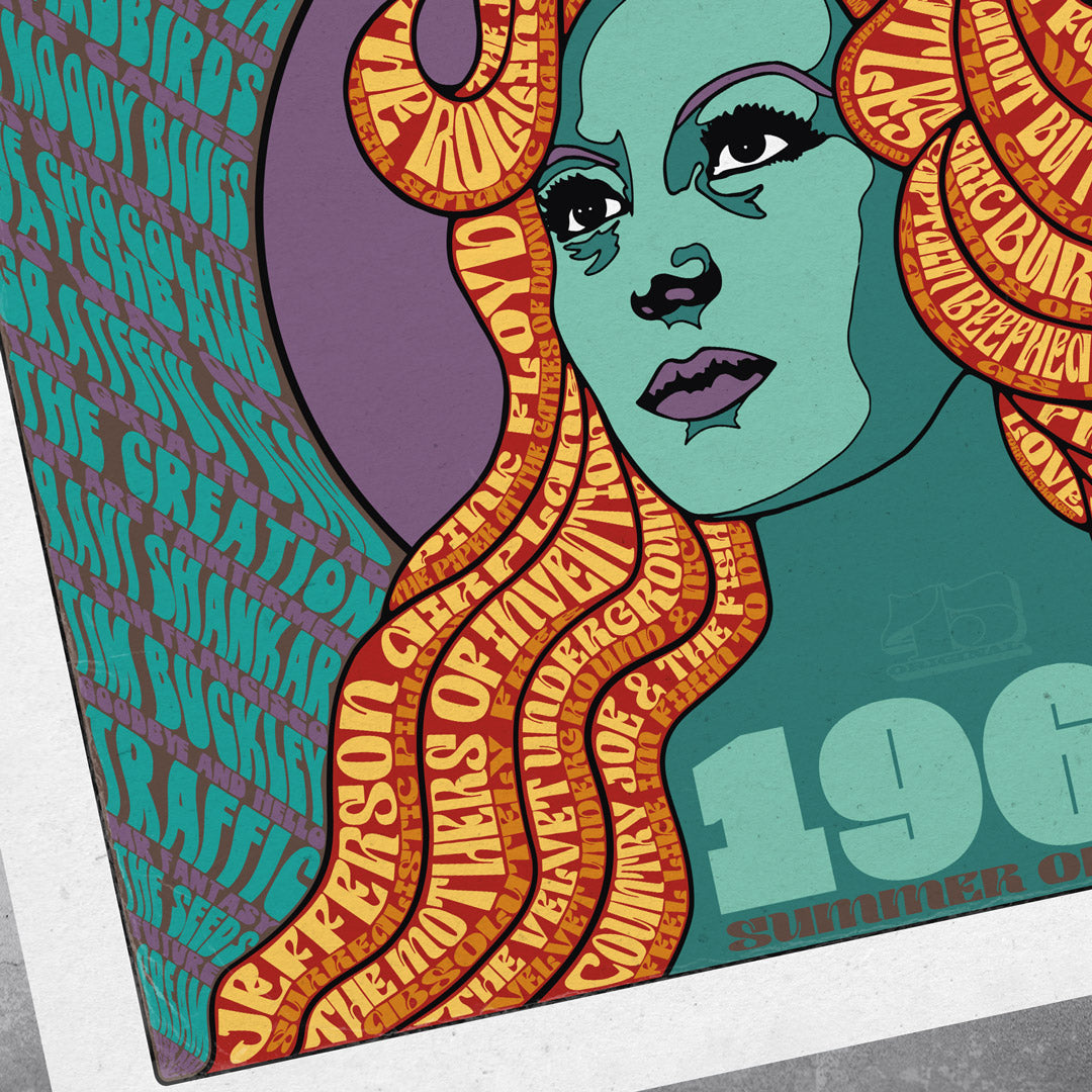 1967 – The Summer of Love poster print is a limited edition of 100, featuring psychedelic art with a woman’s orange hair flowing into band names and “1967 Summer of Love” in bold turquoise on purple and gray.
