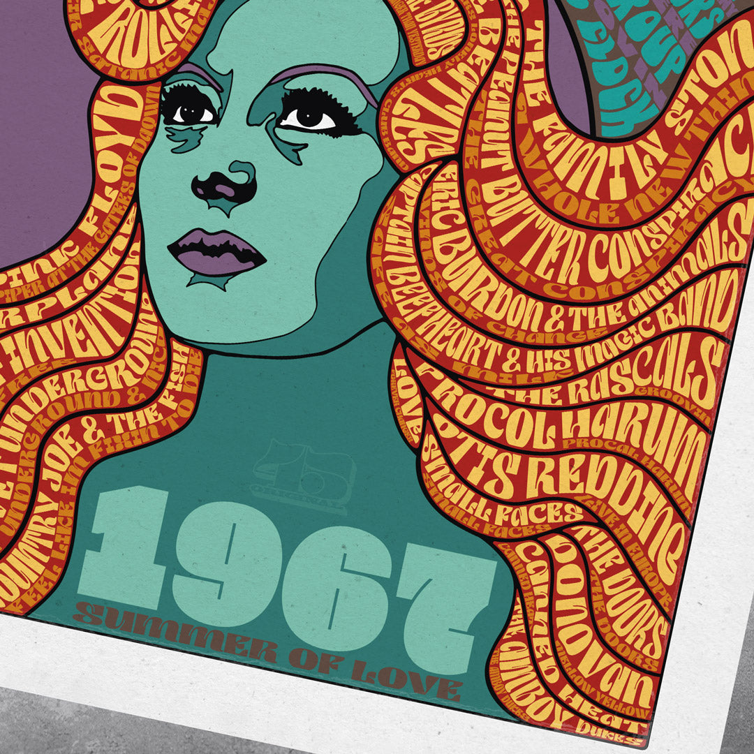 The limited edition “1967 – The Summer of Love” poster print from My Store features a green-skinned woman with orange hair full of band names, bold teal 1967, and “Summer of Love”—an ideal retro decor piece for music history fans.