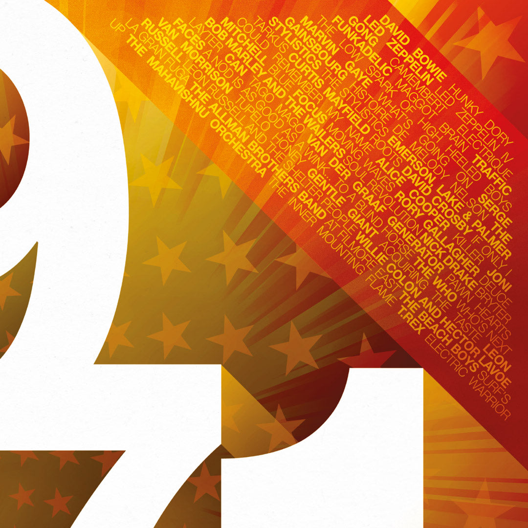Diagonal yellow text with musicians’ names appears on a red and orange star-patterned background, featuring a bold white “21” on the left. Limited to 100, My Store’s 1971 – The Golden Year of Rock poster print celebrates rock’s golden year.