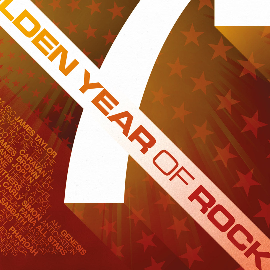 The 1971 – The Golden Year of Rock – Poster Print by My Store features diagonal white and orange GOLDEN YEAR OF ROCK text over a large white 7 on red with stars. Limited edition of 100, artist names in yellow and orange on the left.