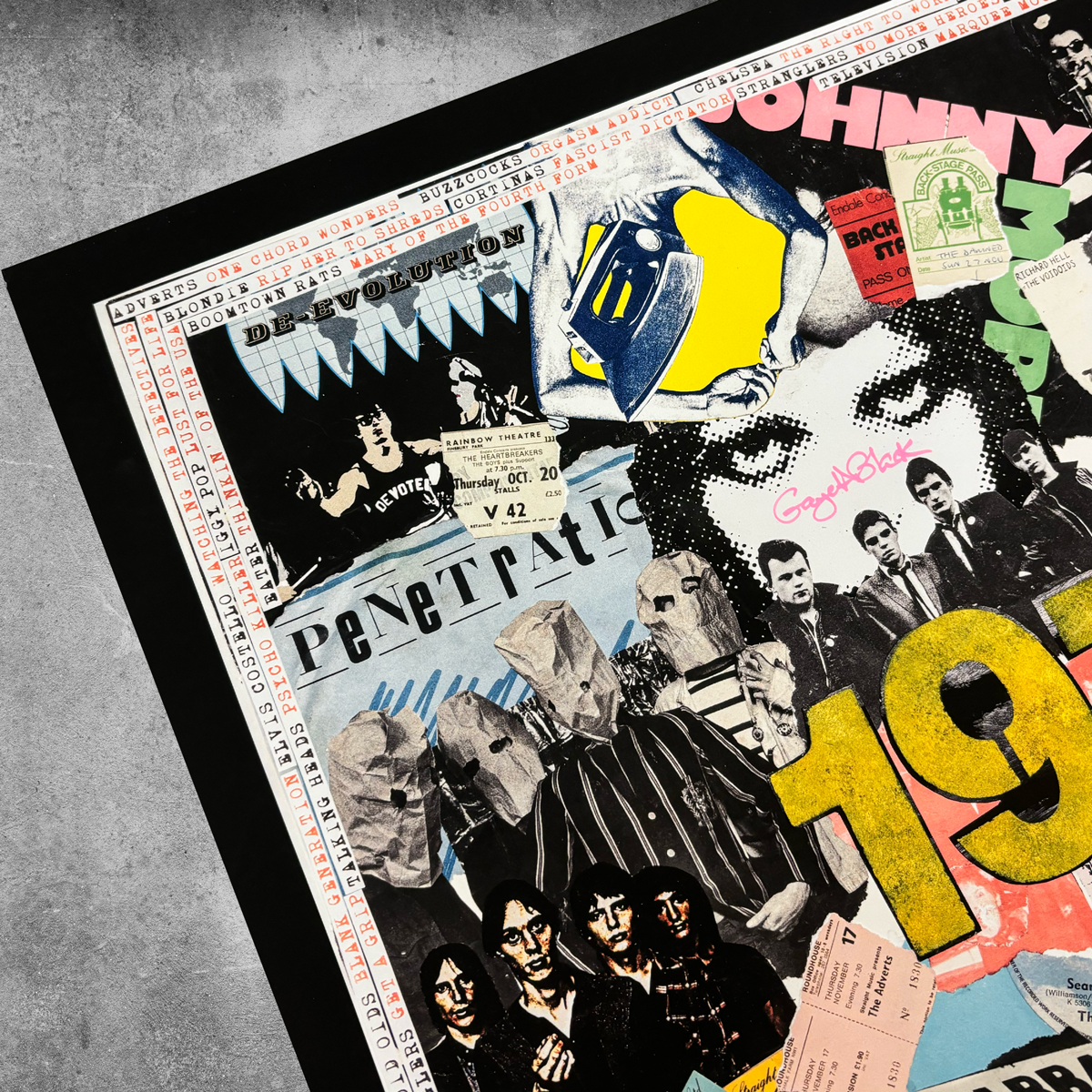 The 1977–Punk Rock Poster Print from My Store is a limited edition of only 100, signed by Gaye Black. It features punk band photos, ticket stubs, “1977” in bold yellow, and torn posters—perfect for punk art fans.