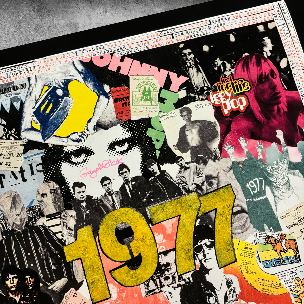 The 1977 – Punk Rock Poster Print by My Store is a vibrant limited edition (only 100, signed by Gaye Black), featuring band photos, tickets, and memorabilia with ‘1977’ in bold yellow—celebrating the punk era.