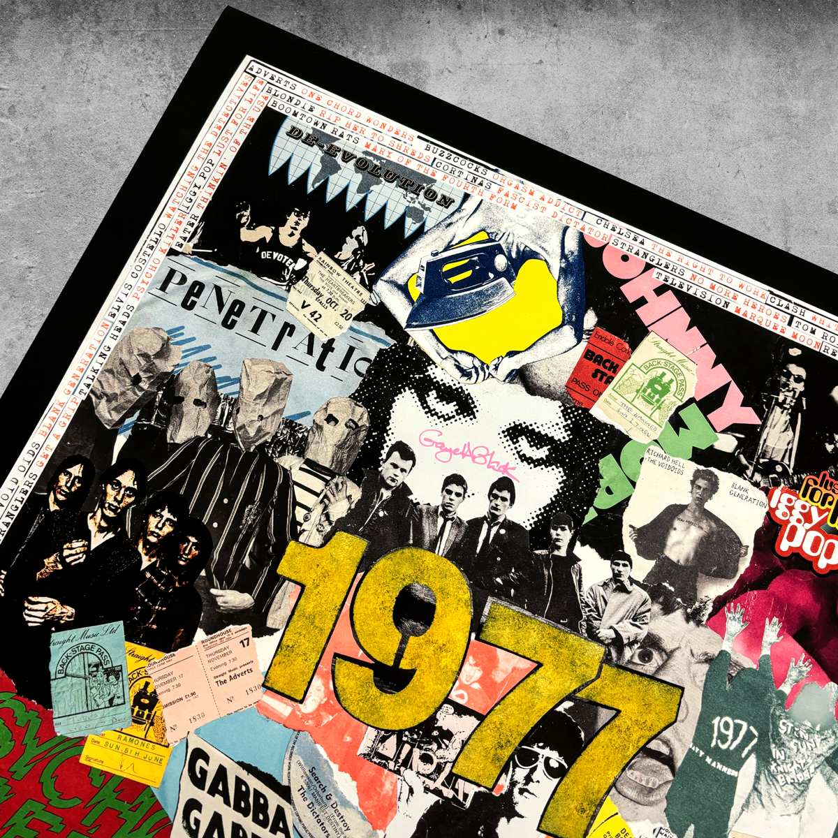 The My Store 1977 – Punk Rock Poster Print is a limited edition collage of punk band posters, tickets, and graphics on a concrete background. Only 100 signed by Gaye Black—featuring the iconic yellow 1977 at the center.