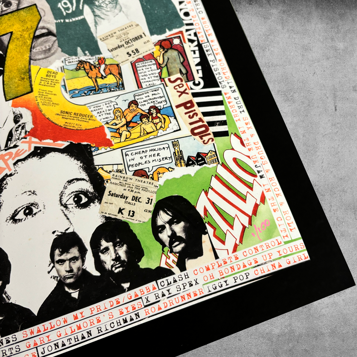 The 1977 – Punk Rock Poster Print by My Store is a limited edition of 100, signed by Gaye Black. Featuring a collage of faces, band members, and concert ads in bold colors on gray—perfect for punk art lovers.
