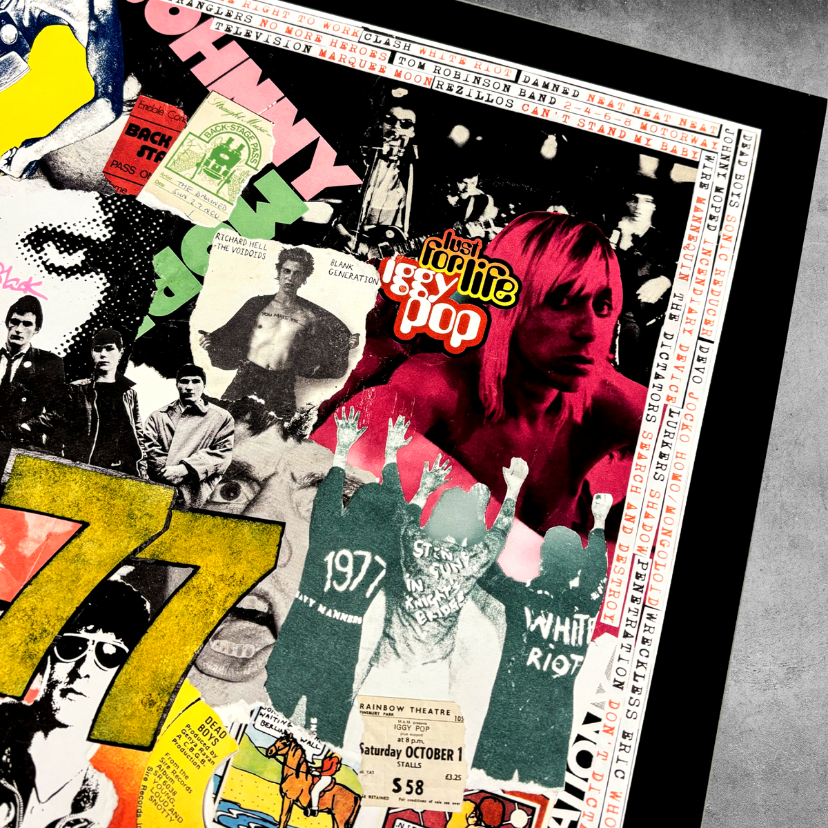 The 1977 – Punk Rock Poster Print from My Store is a limited edition of only 100, signed by Gaye Black. Featuring bold punk imagery and “Iggy Pop,” this vibrant collage captures the rebellious energy of the era.