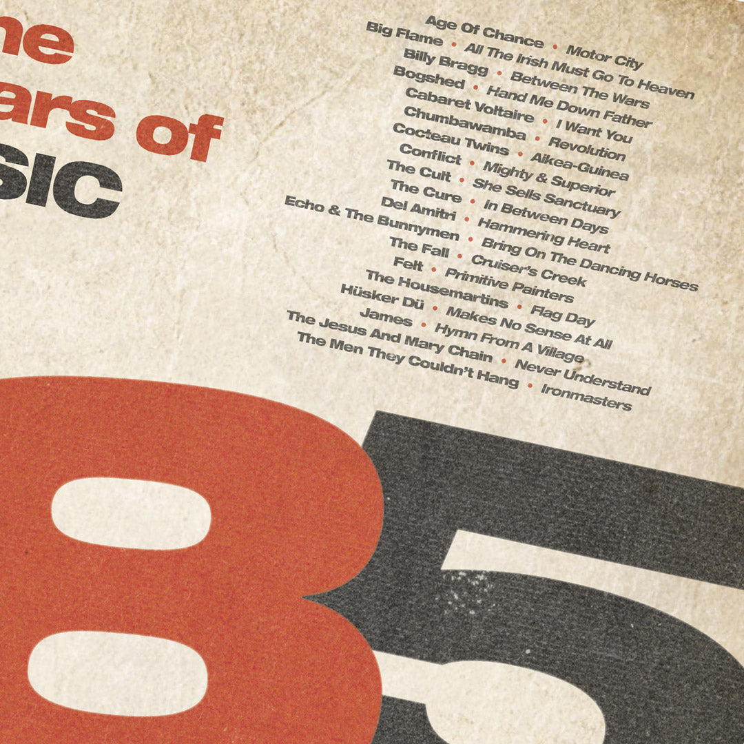 Angled close-up of My Store’s limited edition 1985 – One of the Definitive Years of Indie Music poster print, featuring vintage-style indie bands and songs with bold “85” in black and red on a textured art background. Only 100 available.