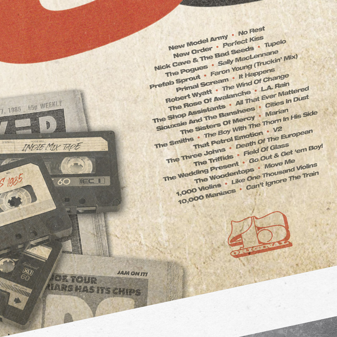 The 1985 – One of the Definitive Years of Indie Music poster print by My Store is a limited edition of 100, featuring a vintage-style collage with cassette tapes, music charts, and indie artists like Nick Cave and The Smiths.