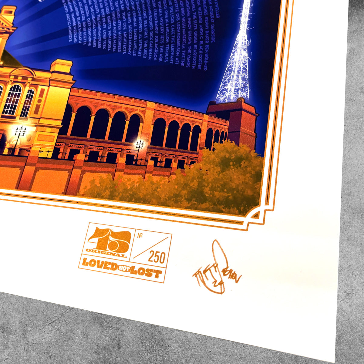 Close-up of the 45 Original Alexandra Palace Golden Poster Print - Limited Edition, numbered 250, featuring the artist’s signature and “75 Originals Loved Not Lost” label. The night-lit design celebrates Grassroots Music Venues and their legacy.