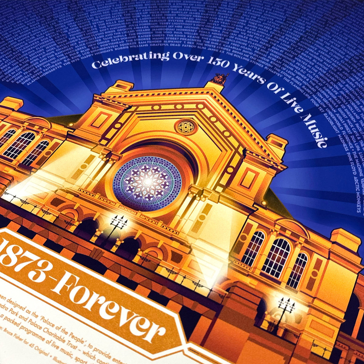 The Alexandra Palace Golden Poster Print – Limited Edition by 45 Original features a grand hall with radiant blue and gold lighting, a rose window, and the text: Celebrating Over 150 Years Of Live Music and 1873 Forever.