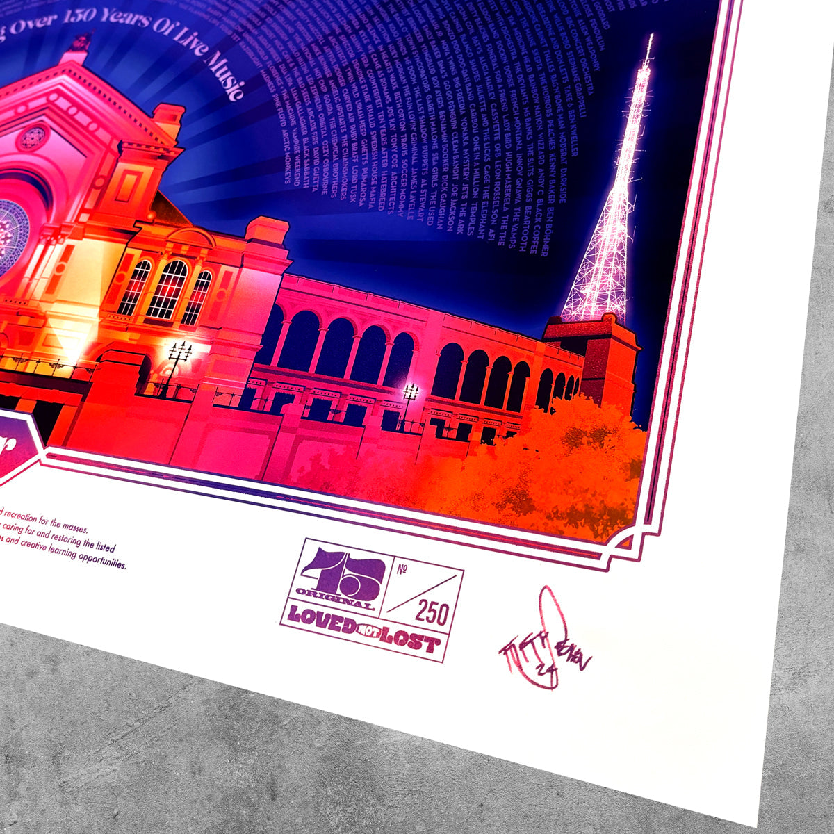 The Alexandra Palace Technicolor Poster Print by 45 Original is a limited edition (159/250) artwork featuring an illustrated building and tower, signed and labeled Loved and Lost, with a white border, shown on a gray surface.
