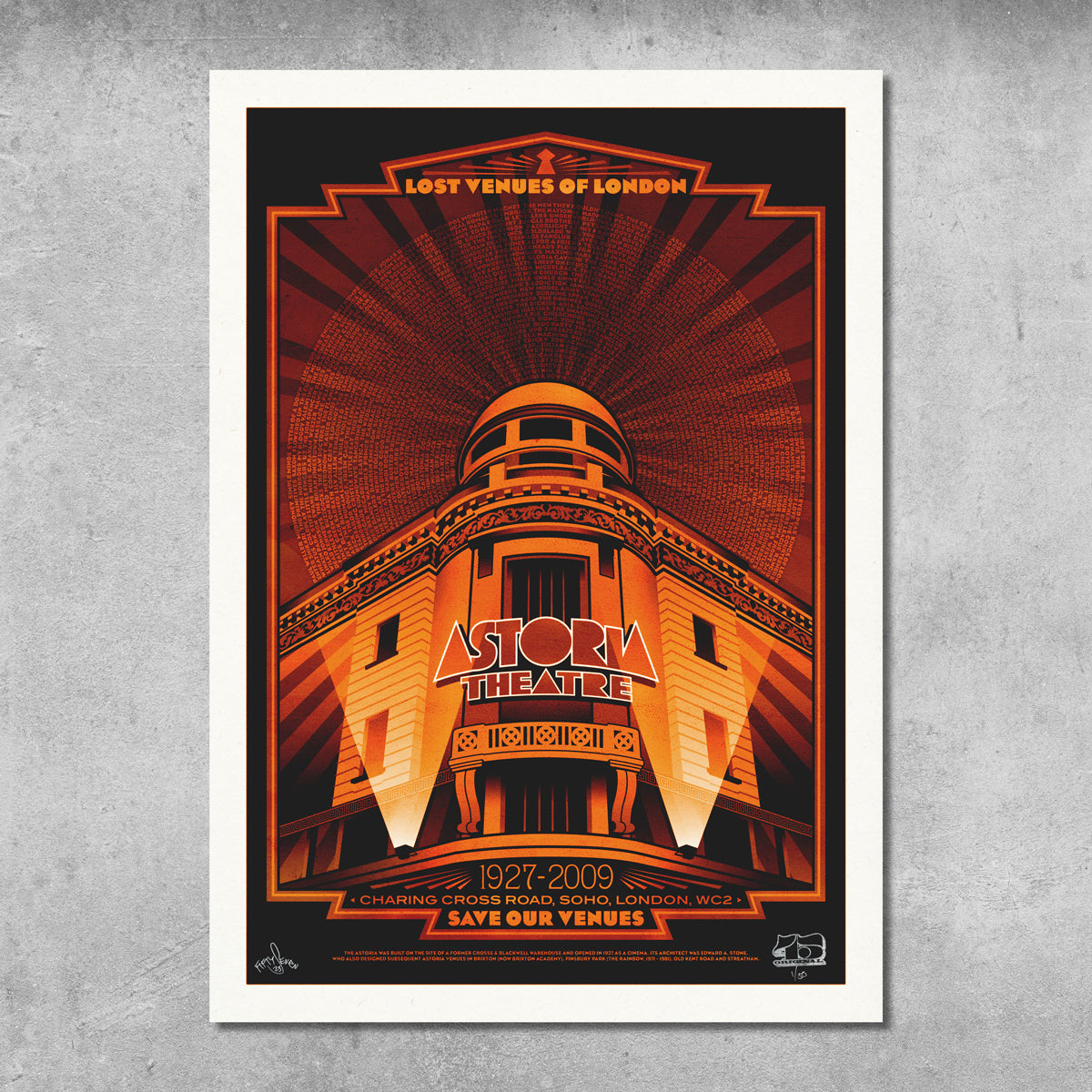 The London Astoria ‘Red’ Poster Print by My Store is a limited edition art print of only 50, featuring bold orange and black geometrics, Lost Venues of London (1927–2009), and a Music Venue Trust “Save Our Venues” call.