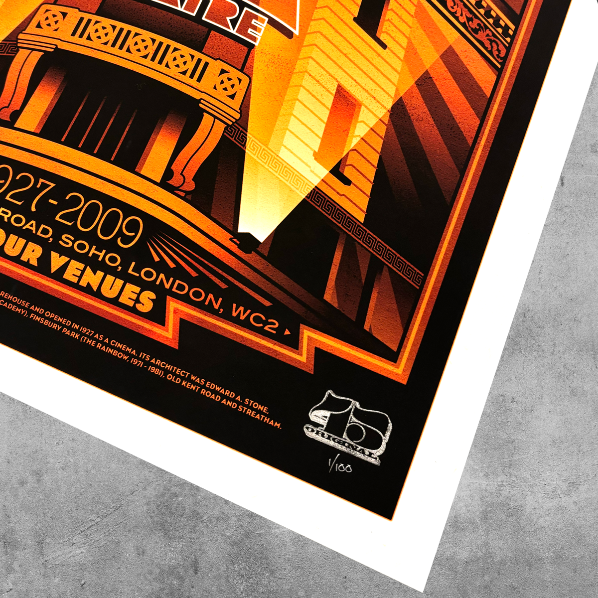 A close-up of the London Astoria ‘Red’ Poster Print by My Store—limited edition of only 50—showcases vintage Soho, London details, a building illustration, and is ideal for collectors and fans.