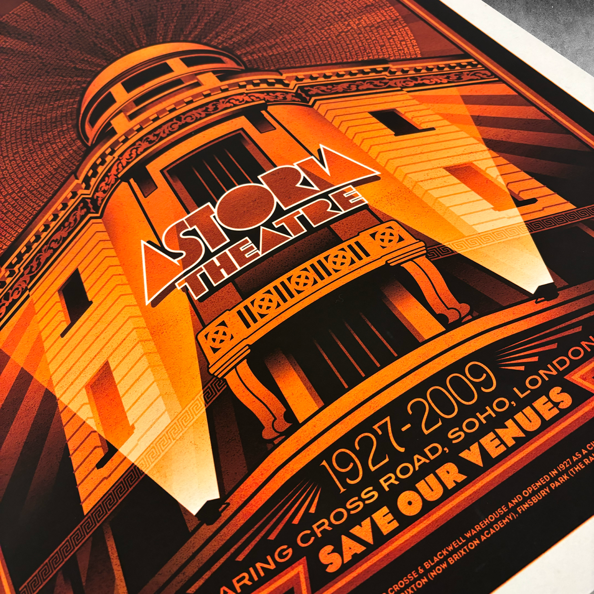 The London Astoria ‘Red’ Poster Print by My Store features an orange-red art deco design, bold “Astoria Theatre” text, and “1927—2009, Charing Cross Road, Soho.” Limited edition of only 50 prints.