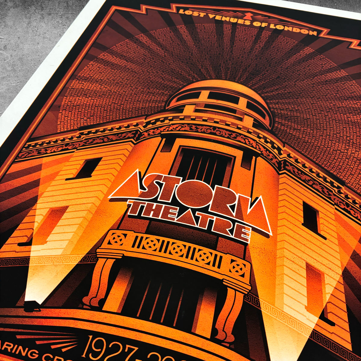 The London Astoria ‘Red’ Poster Print – Limited Edition of Only 50 by My Store features bold, angular text and radiant orange sunburst rays behind the iconic Astoria Theatre in a striking tribute to this historic London venue.