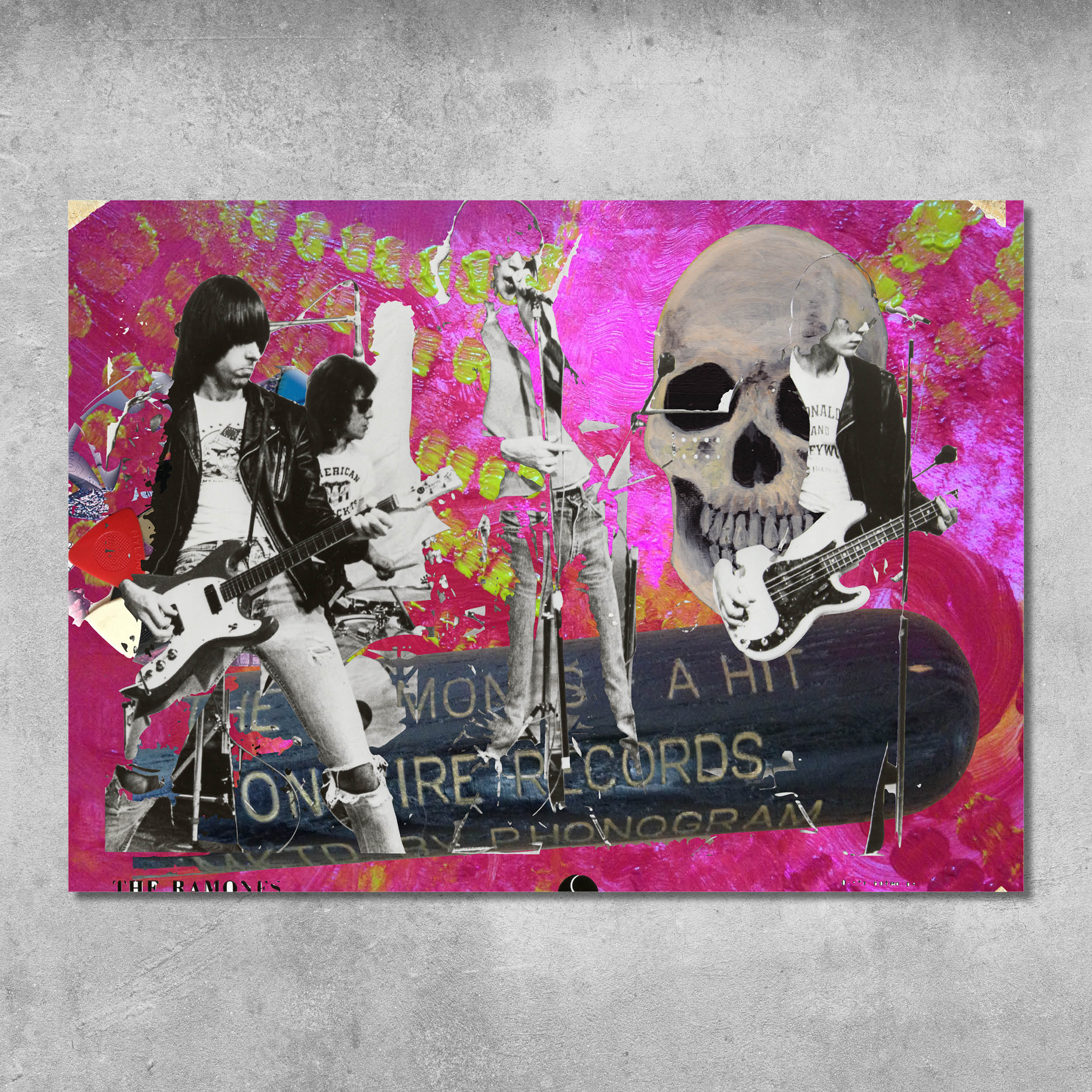 The 45 Original Memorabilia 5 (The Ramones/Skull) A3 poster print, signed by Gaye Black, features The Ramones playing instruments, a large skull, layered “SIRE RECORDS” and “PHONOGRAM” text, and abstract strokes on a concrete wall background.