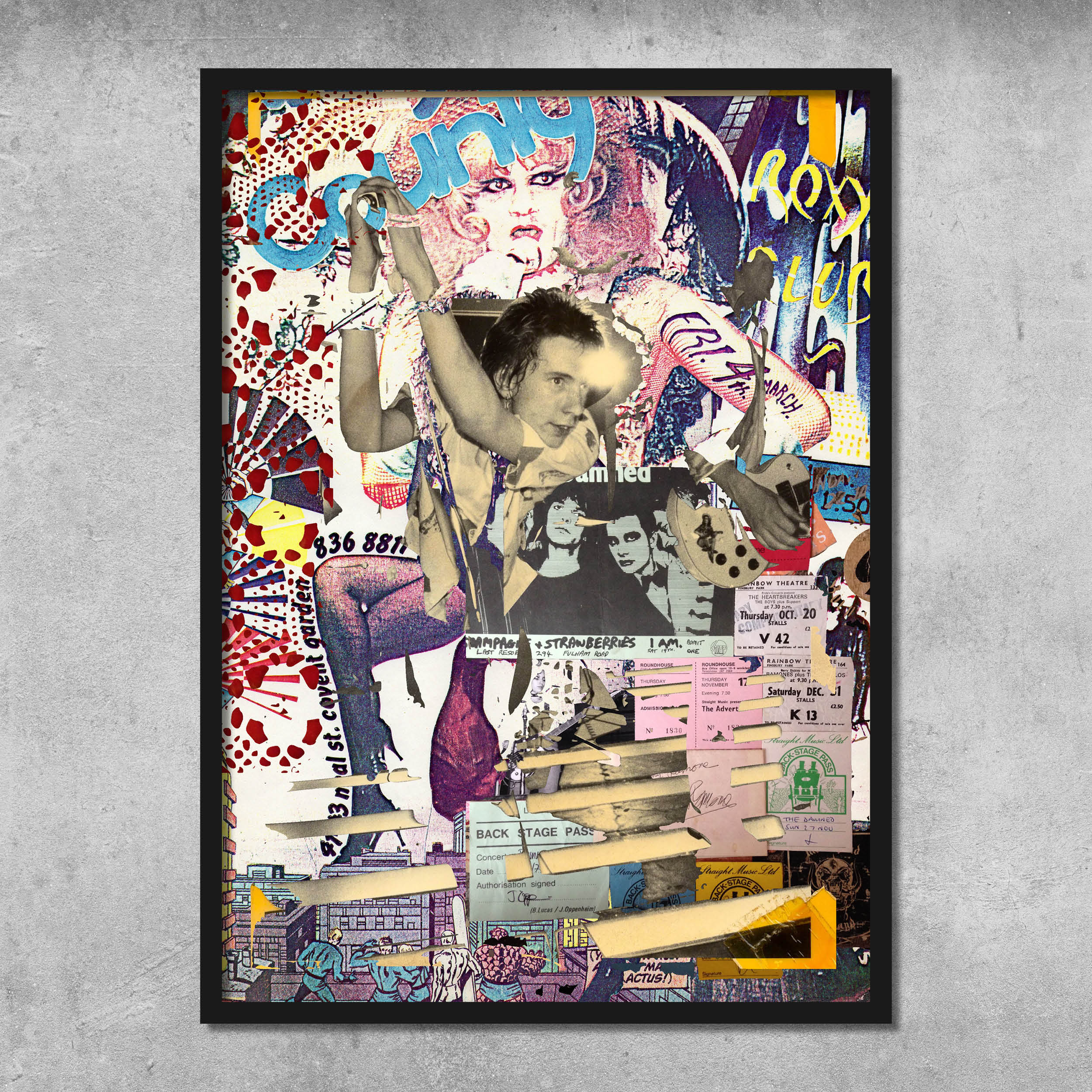 Memorabilia 6 (Wayne County/Johnny Rotten) Poster Print by 45 Original features a dynamic collage of black-and-white gig photos, vibrant Sex Pistols posters, tickets, and bold text. Signed by Gaye Black.