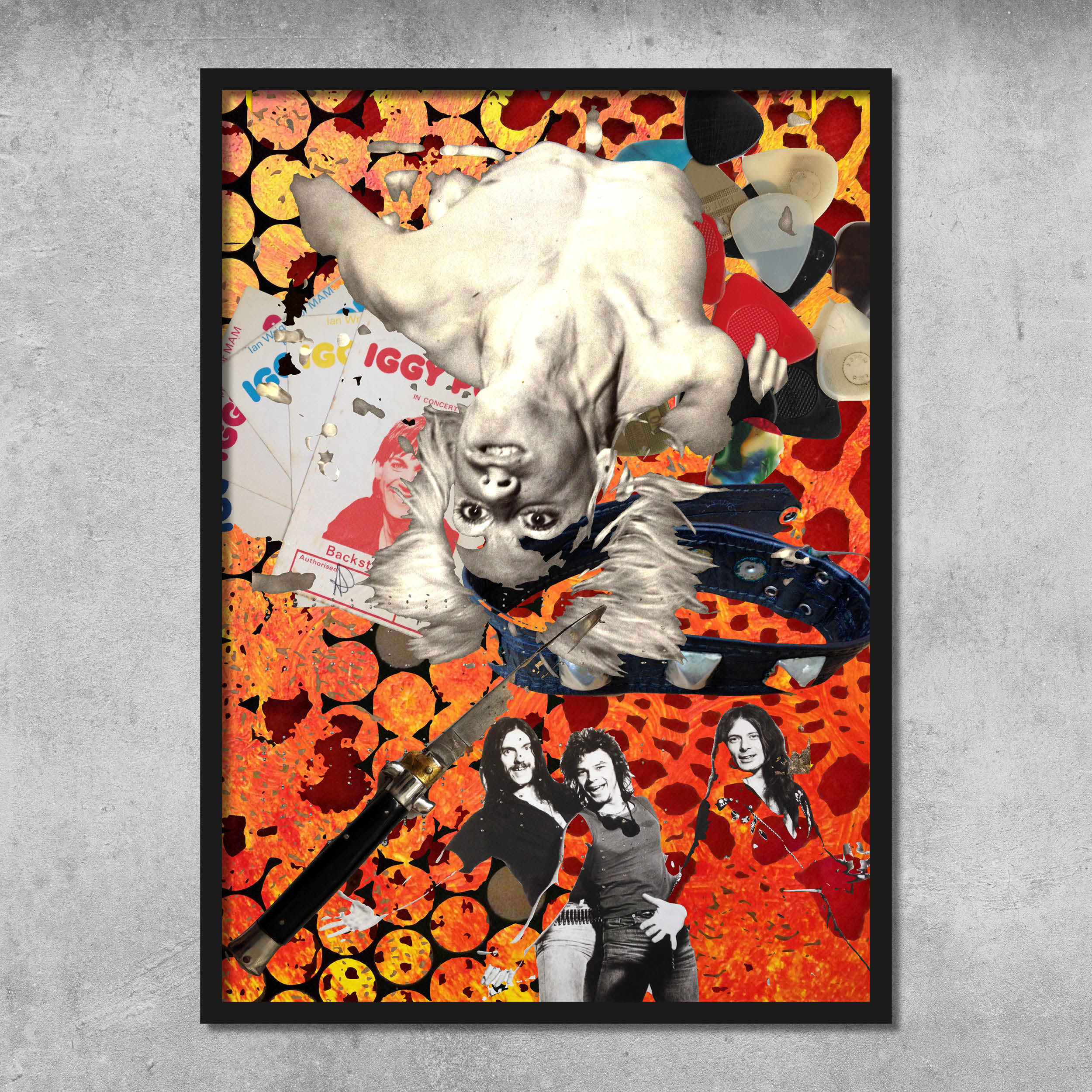 Memorabilia 10 (Iggy/Motorhead) by 45 Original is a signed A3 poster print by Gaye Black, featuring a grayscale upside-down statue, poker chips, Iggy photo card, studded belt, microphone, and rock musicians on an orange textured background.