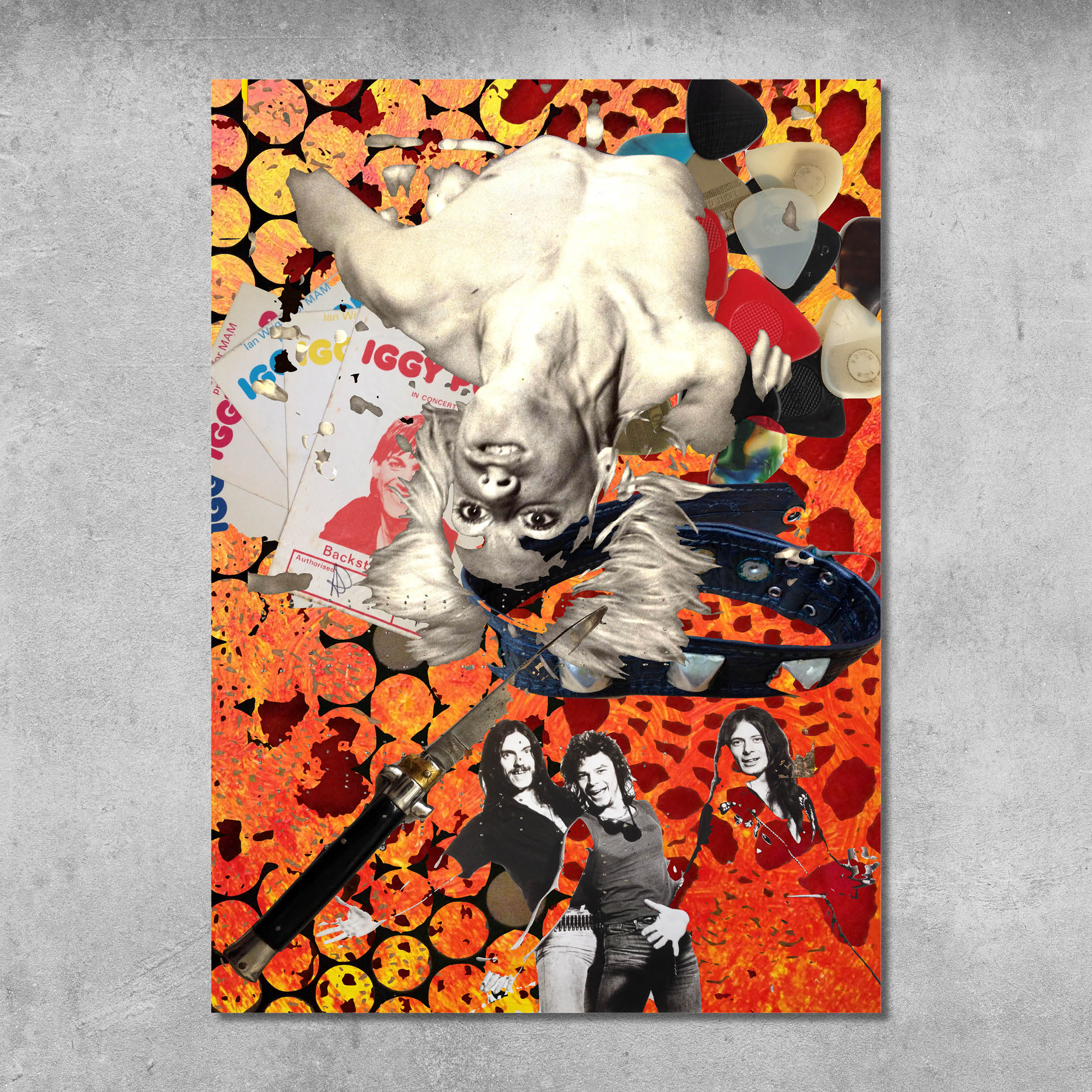 Memorabilia 10 (Iggy/Motorhead) by 45 Original: a vibrant collage with an upside-down statue, vintage photos, Motorhead promo, tickets, tambourine, mic & musicians on an orange-yellow abstract background. Signed A3 poster print by Gaye Black.