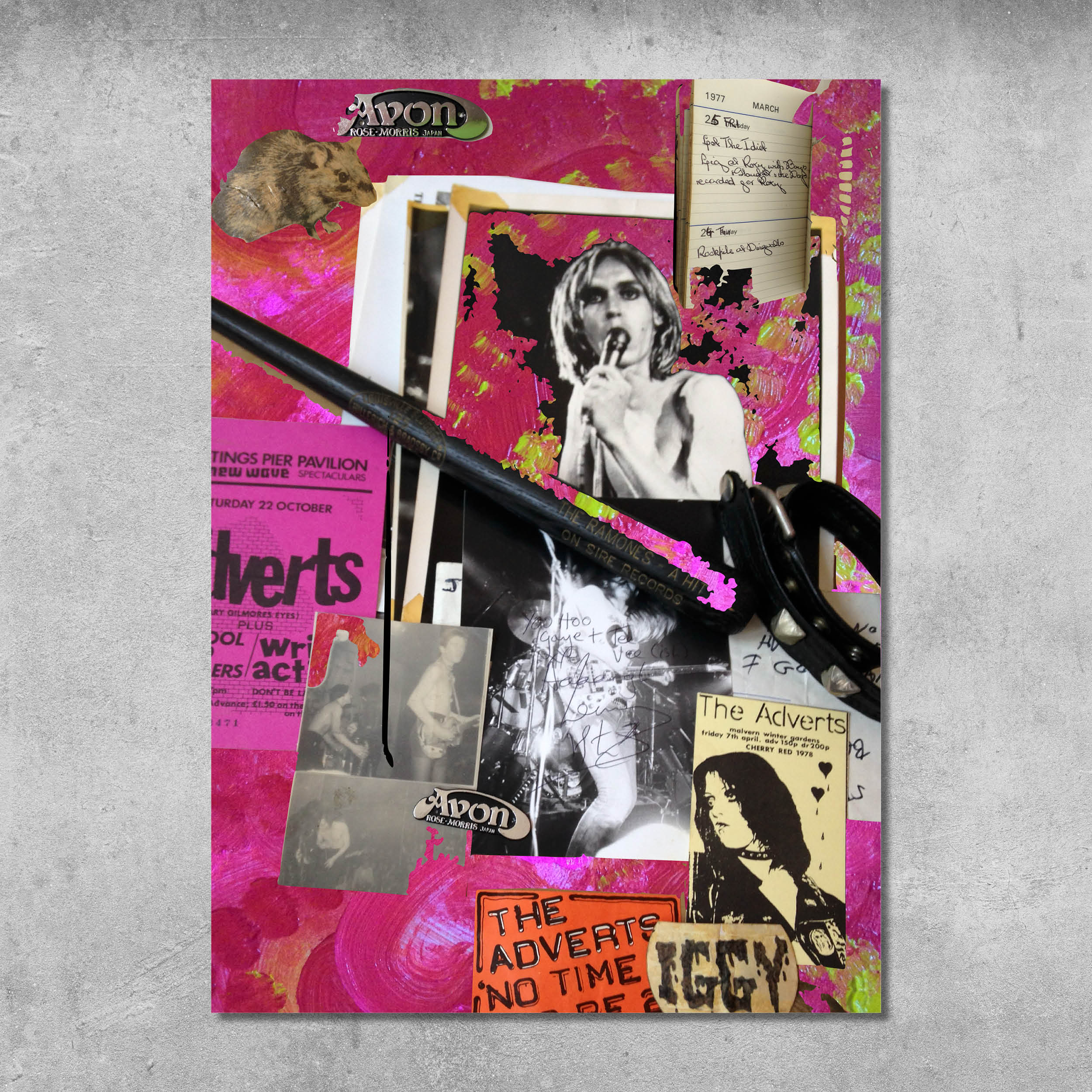 The Memorabilia 2 (Iggy/Adverts/Pink) poster print by 45 Original, signed by Gaye Black, features pink swirls, punk flyers, Ramones memorabilia, Iggy Pop photos, band names like The Adverts and Avon on a textured gray background.