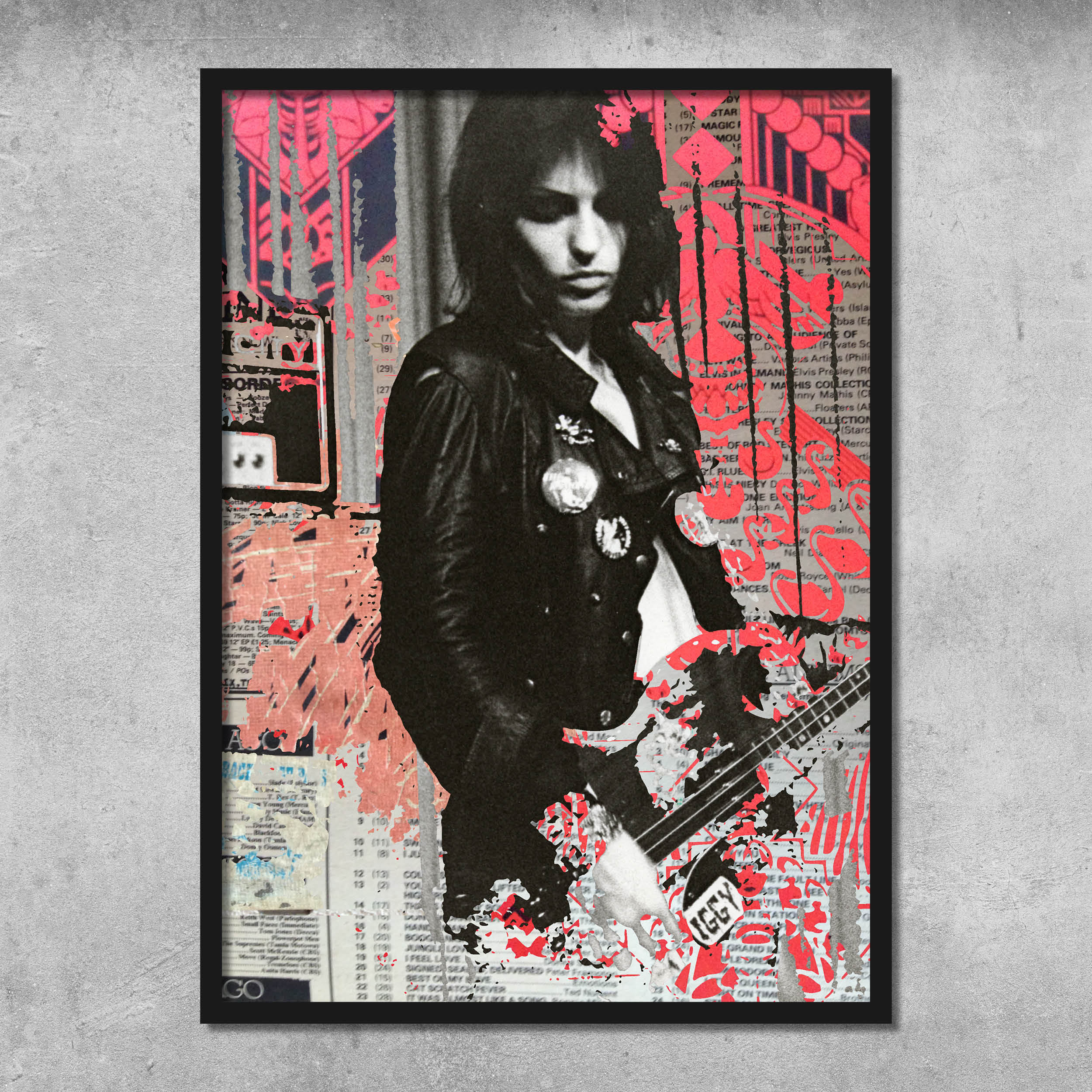 Memorabilia 3 (Gaye Advert at the Nashville) by 45 Original is a signed, museum-grade giclee poster print on archival paper featuring Gaye Black with guitar, leather jacket, and striking pink and red collage graphics.