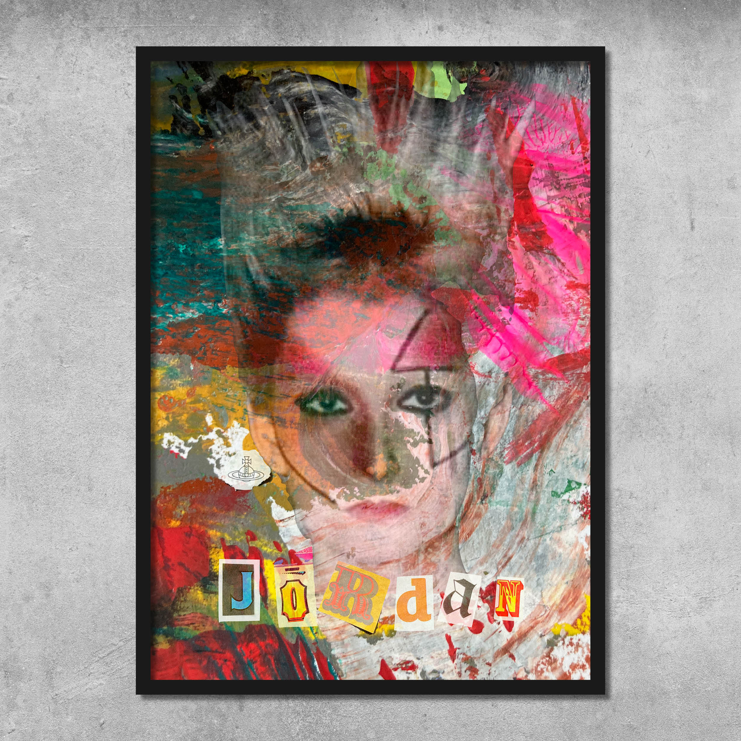 The Jordan - Poster Print by 45 Original features a womans face in vibrant abstract mixed media, punk rock accents, and the name Jordan in cut-out letters. Signed by Gaye Black, this framed artwork stands out against a concrete wall.