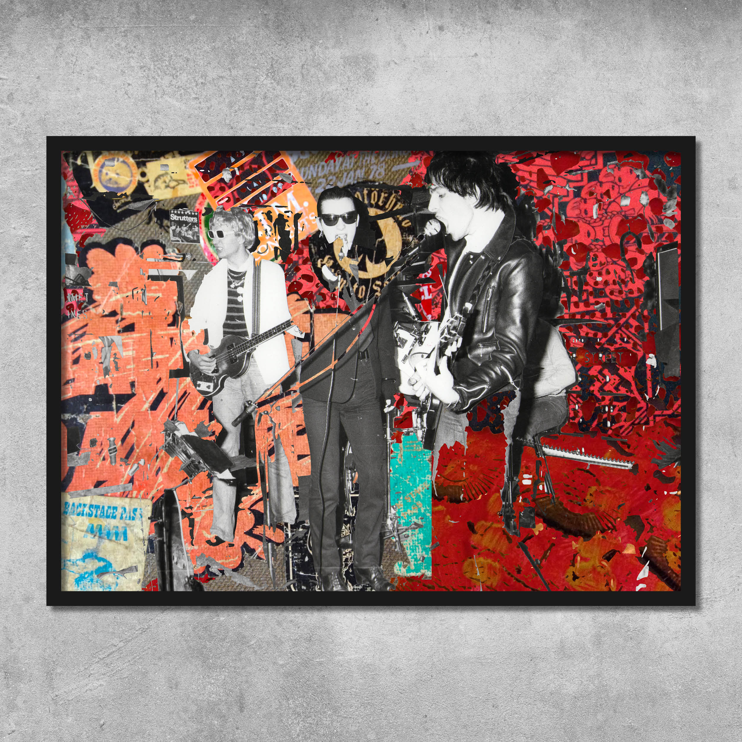 Memorabilia 9 (The Damned) - Poster Print by 45 Original; signed by Gaye Black. Features a punk band with two guitarists and a singer over red/orange graffiti on concrete, printed as a high-quality giclee on archival paper.