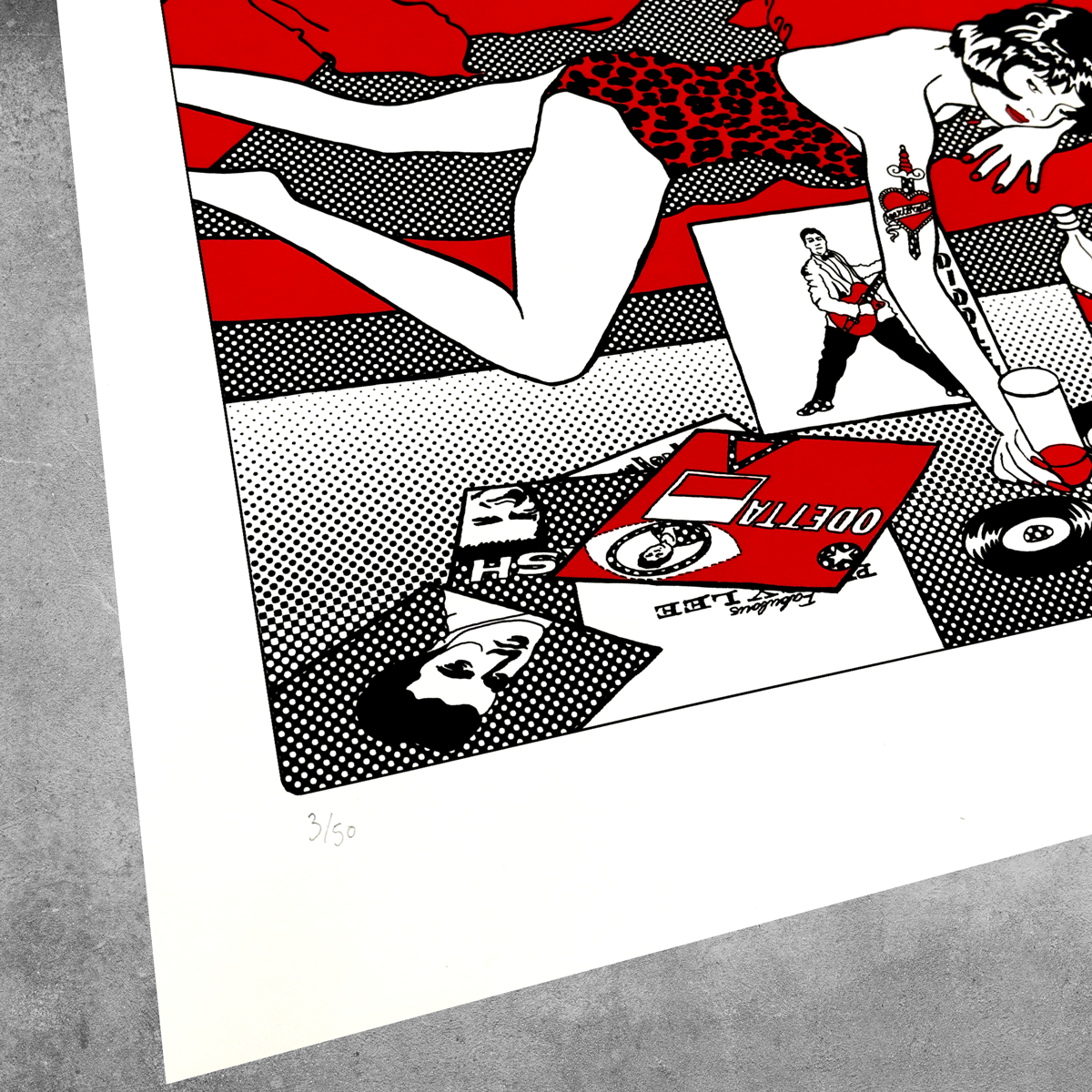 The Hound Dog Print - Limited Edition of Only 50 by My Store showcases a woman in red leopard print, bold pop art, comic visuals, records, and Elvis lyrics. Edition 3/50 is handwritten in the corner.