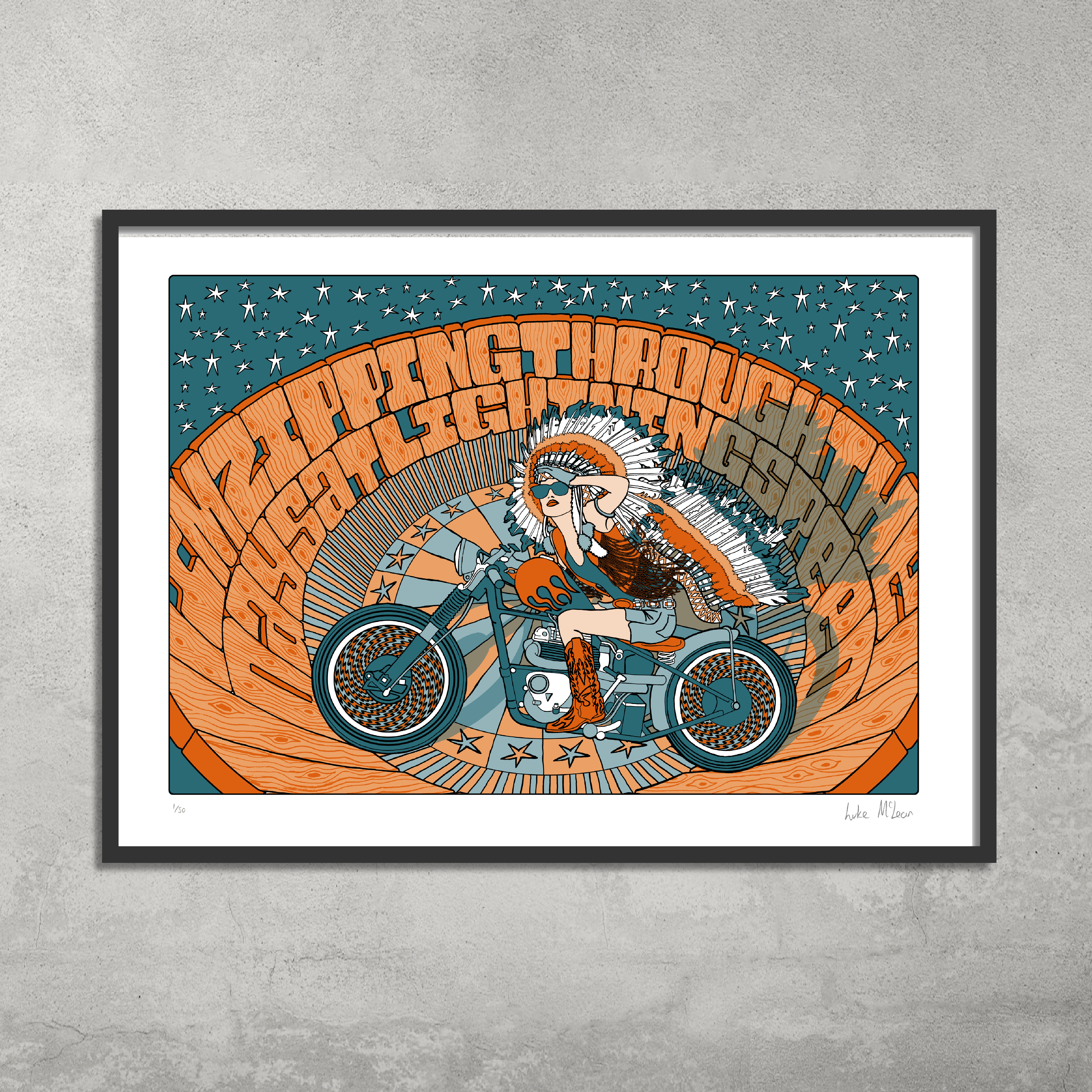 The “I’m Zipping Through the Days at Lighting Speed Print” is a limited edition print (only 50 made), featuring a psychedelic, feathered biker speeding across a starry blue-orange backdrop with swirling orange text.