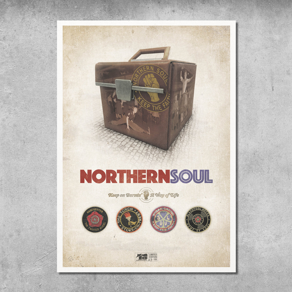 A vintage brown record box with a Keep the Faith Northern Soul sticker sits on a textured surface. Below is the My Store Northern Soul Poster Print, a limited edition of only 100, featuring four Northern Soul badges by Simon Collett.