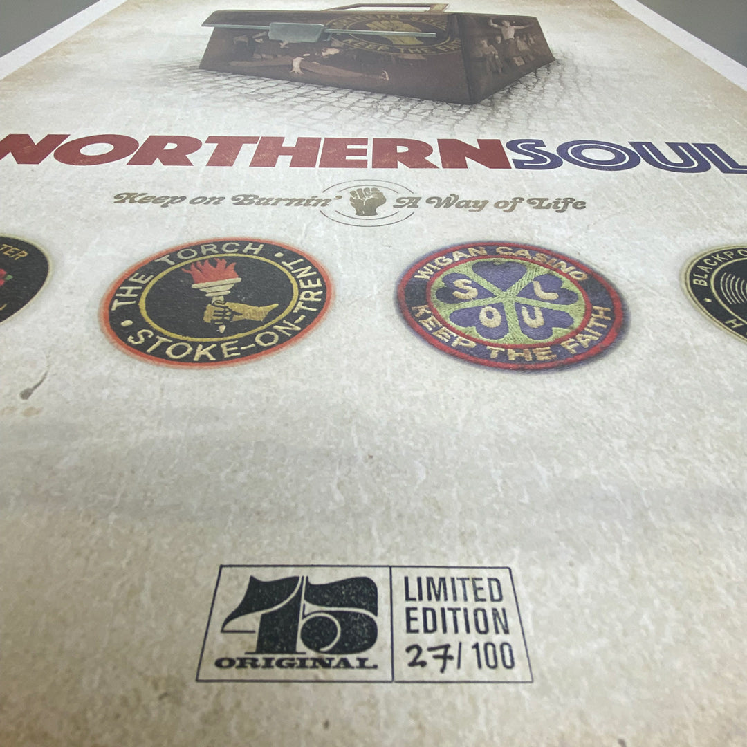 The My Store Northern Soul Poster Print—Limited Edition of Only 100—features memorabilia like Torch and Wigan Casino badges, with Keep on Burning, A Way of Life, and a 45 Original print label by Simon Collett at the bottom.