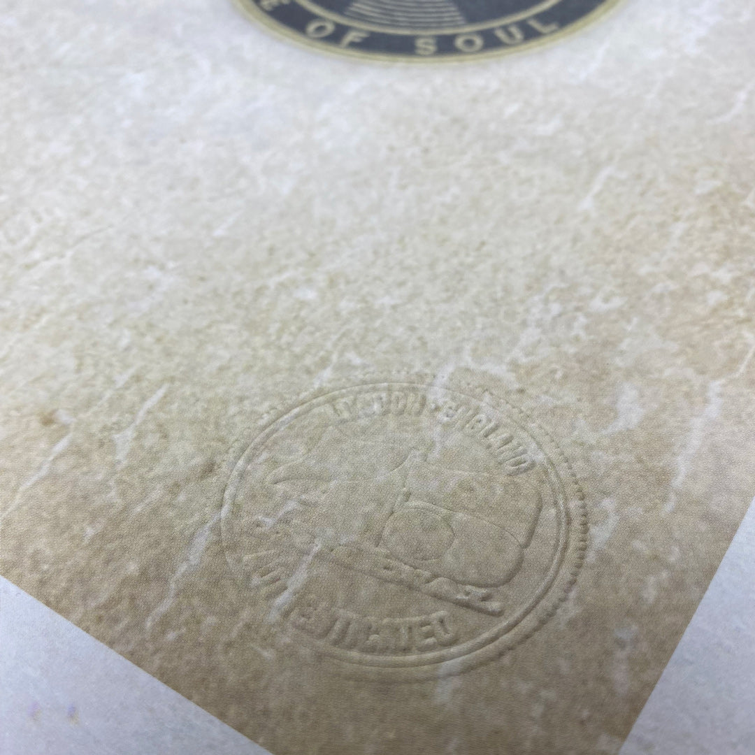 A close-up of the Northern Soul Poster Print—Limited Edition of Only 100 by My Store—shows beige textured paper with an embossed seal, subtle mottling, and faint details, emphasizing its exclusivity for collectors.