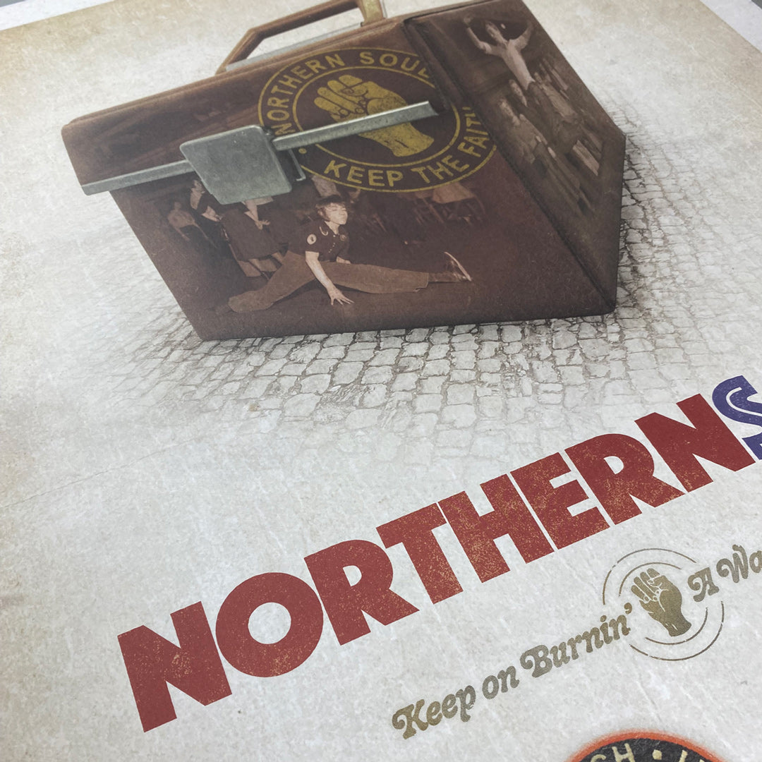 The Northern Soul Poster Print - Limited Edition of Only 100 from My Store features Simon Colletts vintage design: a brown record case, dancer image, Keep the Faith logo, bold red NORTHERN text, and Keep on Burnin slogan.