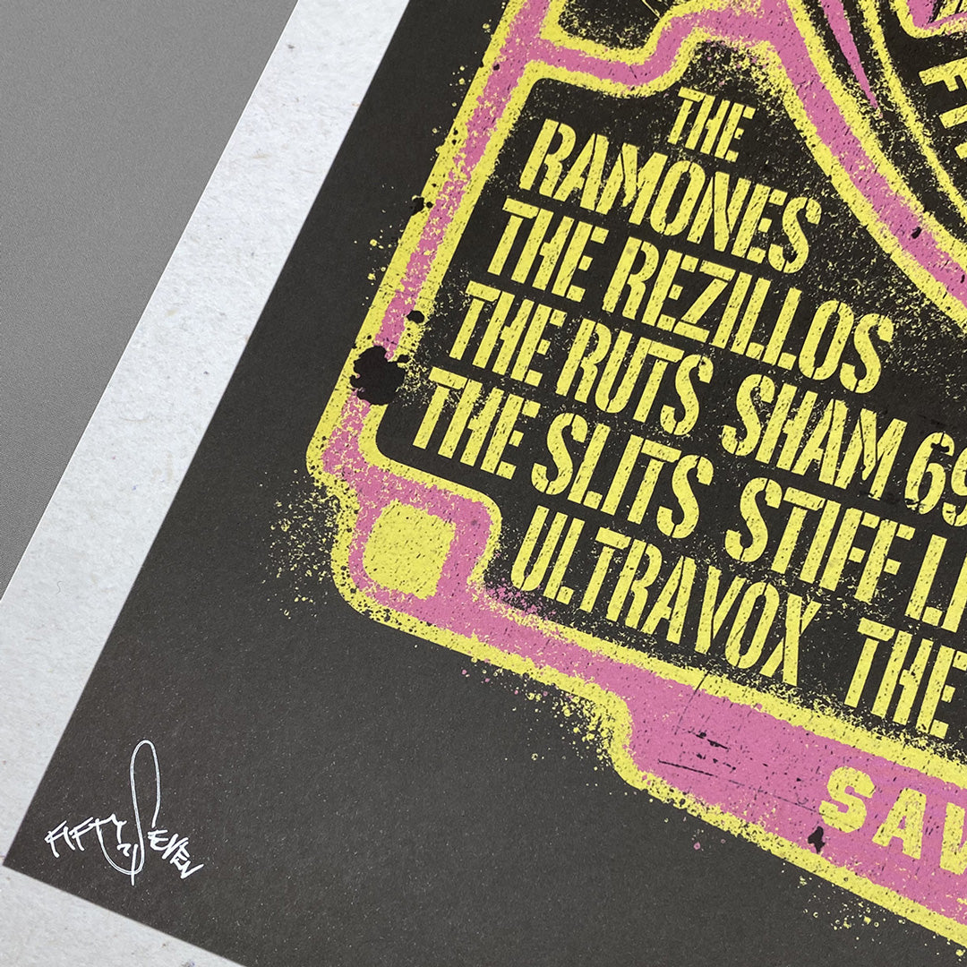 The Rainbow Punk Poster Print - Limited Edition of Only 100 by My Store features distressed yellow text listing The Ramones, The Rezillos, and The Ruts, with the artist’s white signature at the bottom left.