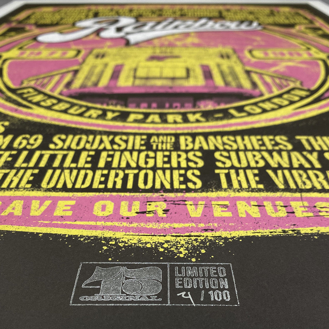 A close-up of the Rainbow Punk Poster Print by My Store, showing bold yellow and pink band names, a silver 15 original logo, and Limited Edition 2/100—part of a special release with only 100 prints made.