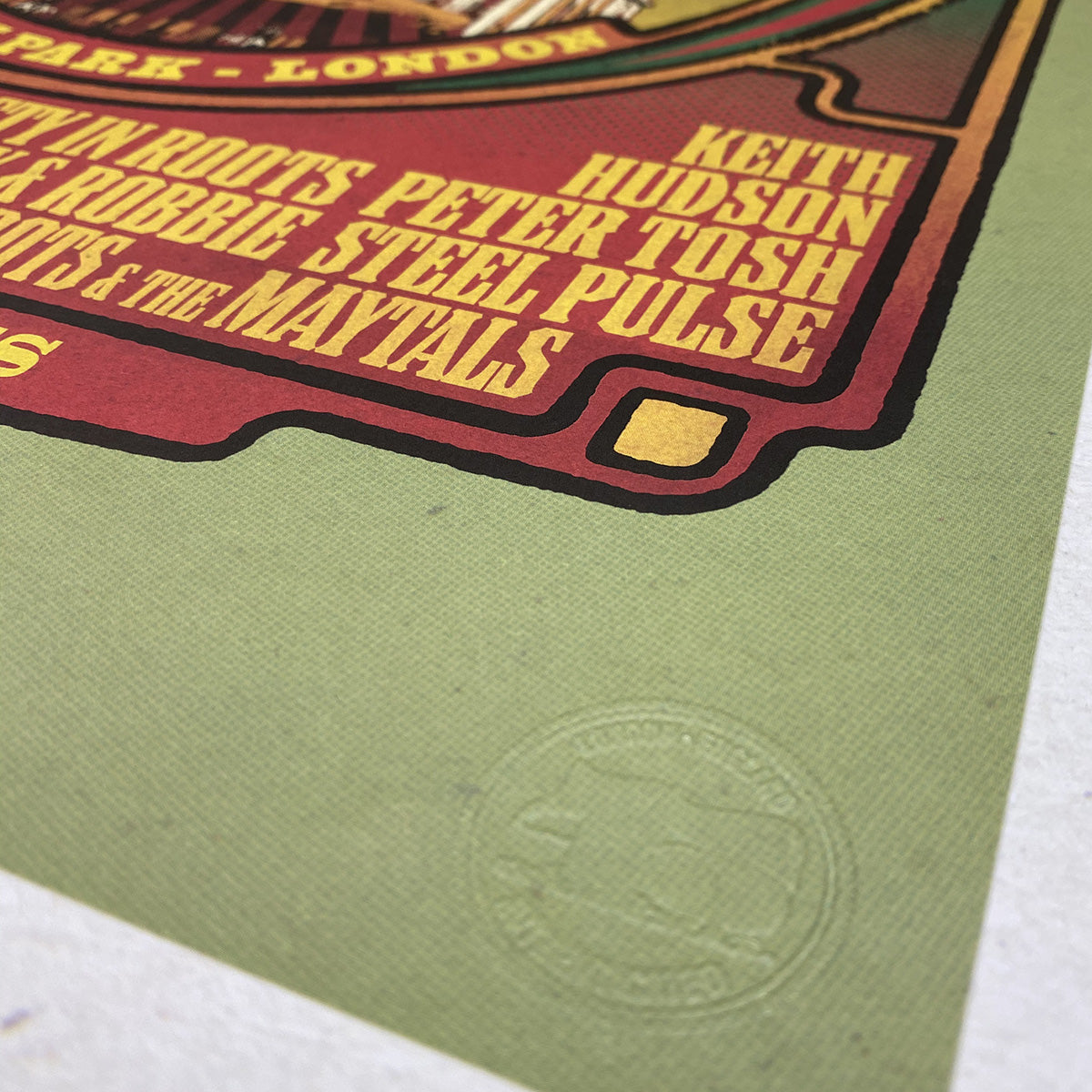 The Rainbow Reggae Poster Print - Limited Edition of Only 100 by My Store features bold yellow text listing artists like Keith Hudson, Peter Tosh, Steel Pulse, and Toots & the Maytals on textured green paper for the Rainbow Theatre event.