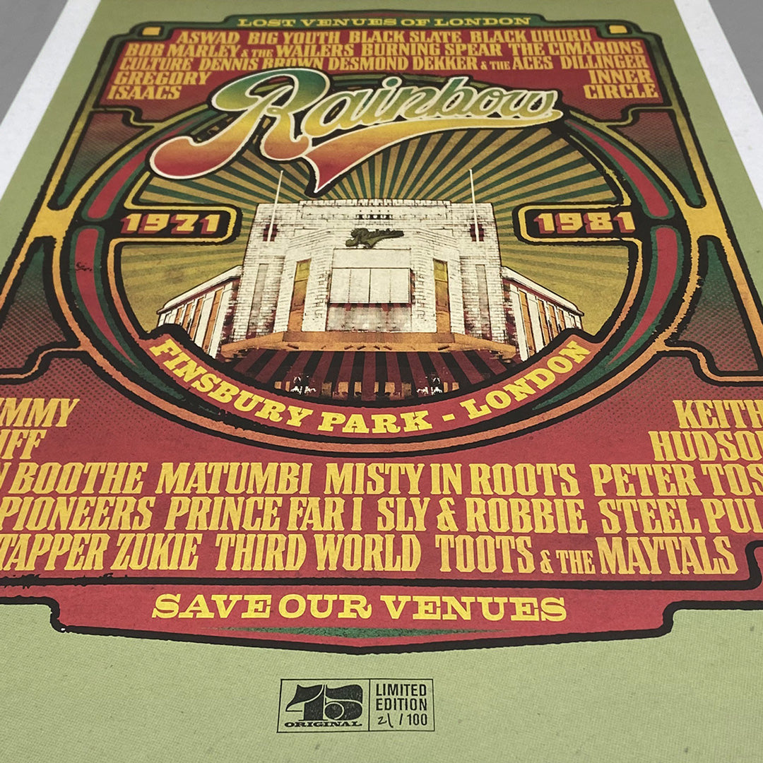 The Rainbow Reggae Poster Print – Limited Edition of Only 100 by My Store celebrates the Rainbow Theatre Reggae Retrospective at Finsbury Park, with artists like Aswad, Misty in Roots & The Maytals.