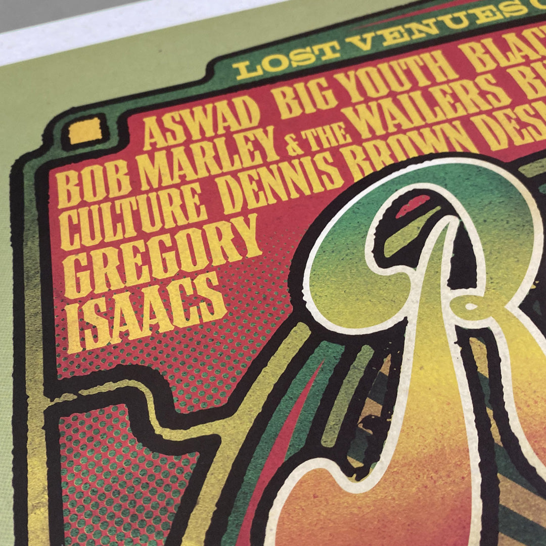 The Rainbow Reggae Poster Print by My Store, a limited edition of only 100, features reggae legends like Bob Marley and Dennis Brown in bold yellow on red and green, celebrating the Rainbow Reggae Retrospective at the iconic Rainbow Theatre.