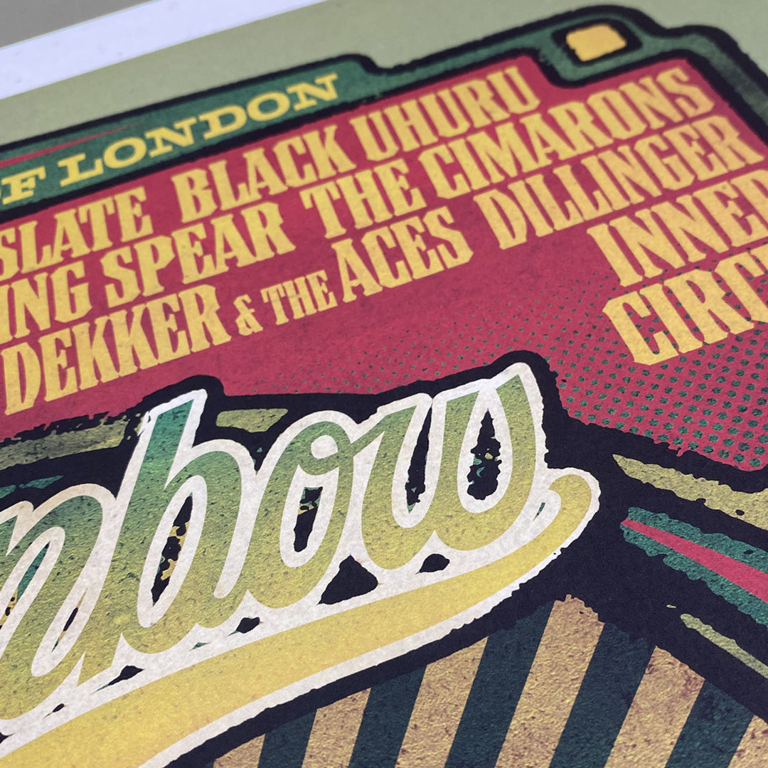 A vibrant, limited edition Rainbow Reggae Poster Print by My Store—only 100 made—features bold retro-style typography and reggae artist names in a colorful concert poster design for the Rainbow Theatre.