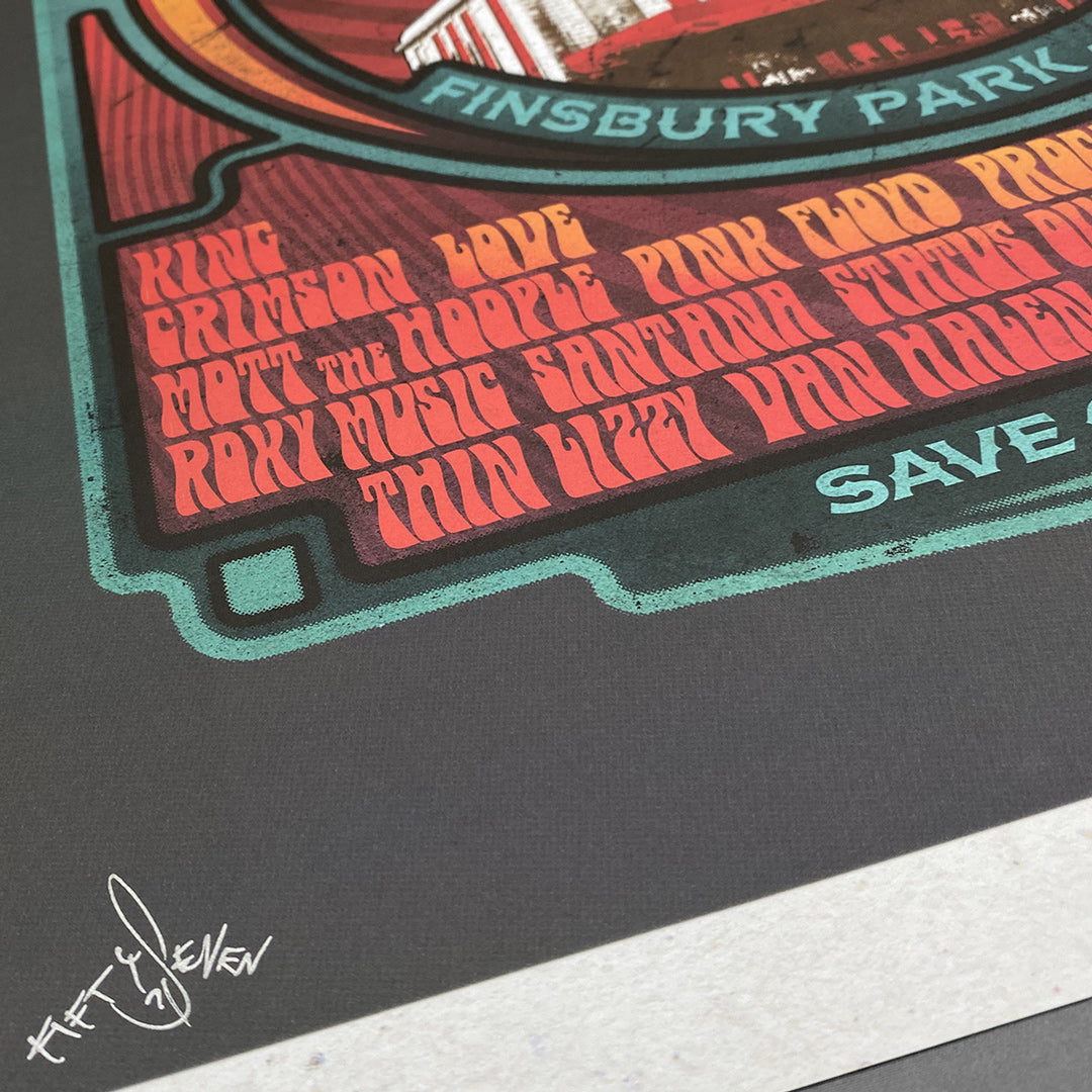 A close-up of the Rainbow Rock Poster Print – Limited Edition Of Only 100 by My Store, featuring classic rock bands like King Crimson, Pink Floyd, and Thin Lizzy, with the artist’s signature in the bottom left corner.