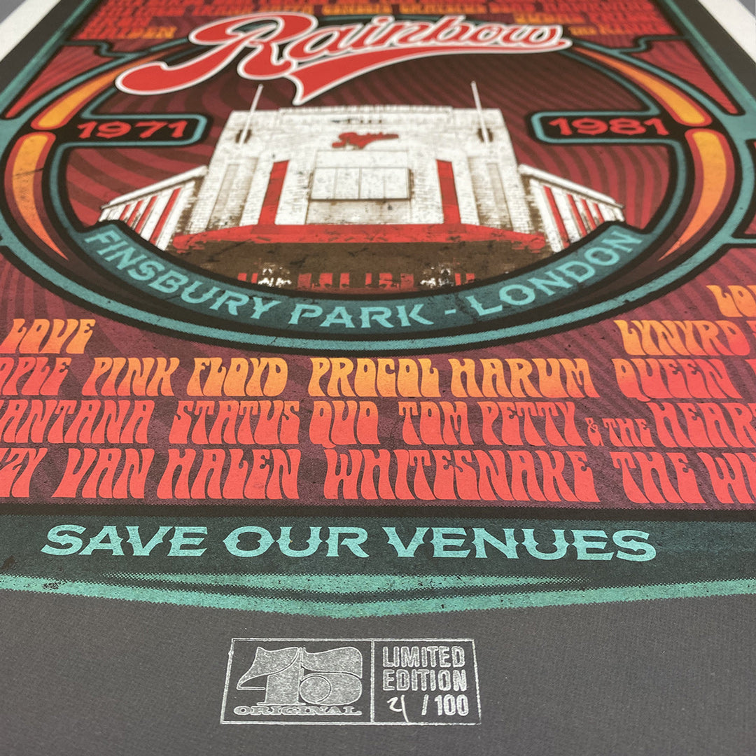 The Rainbow Rock Poster Print – Limited Edition Of Only 100 by My Store features the iconic Rainbow Theatre, Finsbury Park, London, with legendary bands listed. Includes SAVE OUR VENUES and is part of the Rainbow Rock Retrospective Art Prints.
