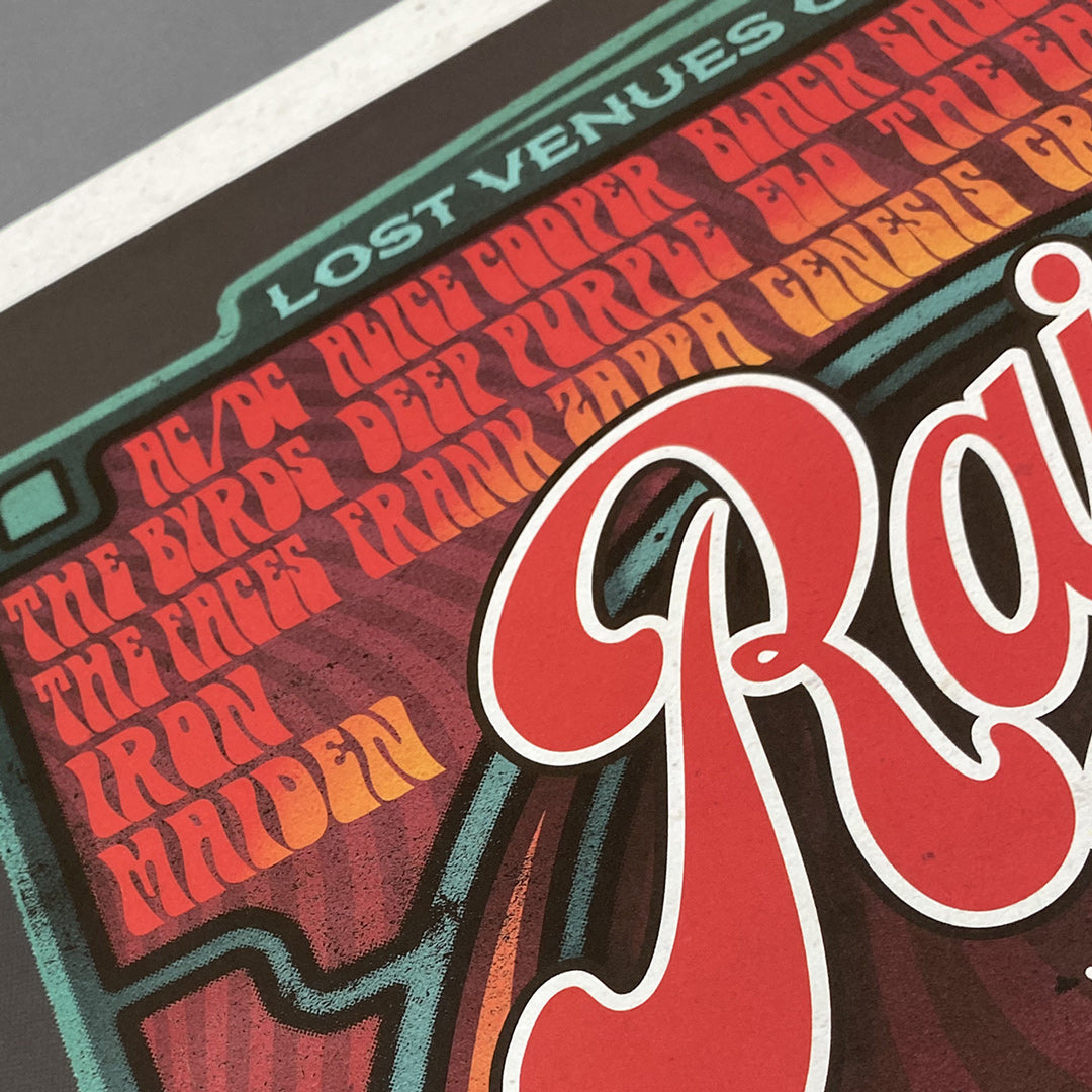 A close-up of the Rainbow Rock Poster Print – Limited Edition Of Only 100 from My Store, showcasing bold, vintage-style band names like AC/DC, Alice Cooper, Deep Purple, The Faces, and Iron Maiden in colorful stylized lettering.