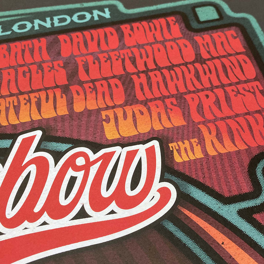 Close-up of the Rainbow Rock Poster Print – Limited Edition Of Only 100 by My Store, featuring bold, retro-style band names—legendary Reggae acts plus Bath, David Bowie, Eagles, Fleetwood Mac, and more.