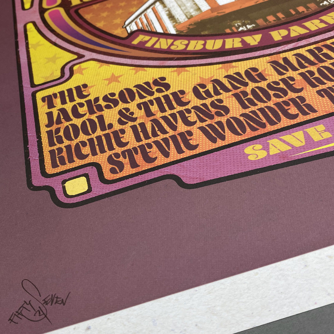The Rainbow Soul Poster Print - Limited Edition of Only 100 by My Store features retro typography and artists like The Jacksons, Kool & The Gang, and Stevie Wonder, celebrating the Rainbow Soul Retrospective with an artist’s signature.
